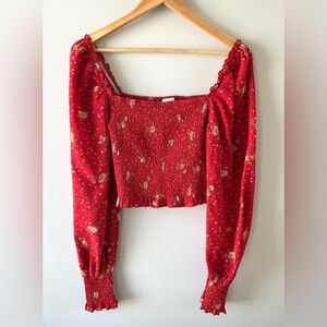 Better Be Red Floral Smocked Long Sleeve Crop Top Size Medium -festival boho